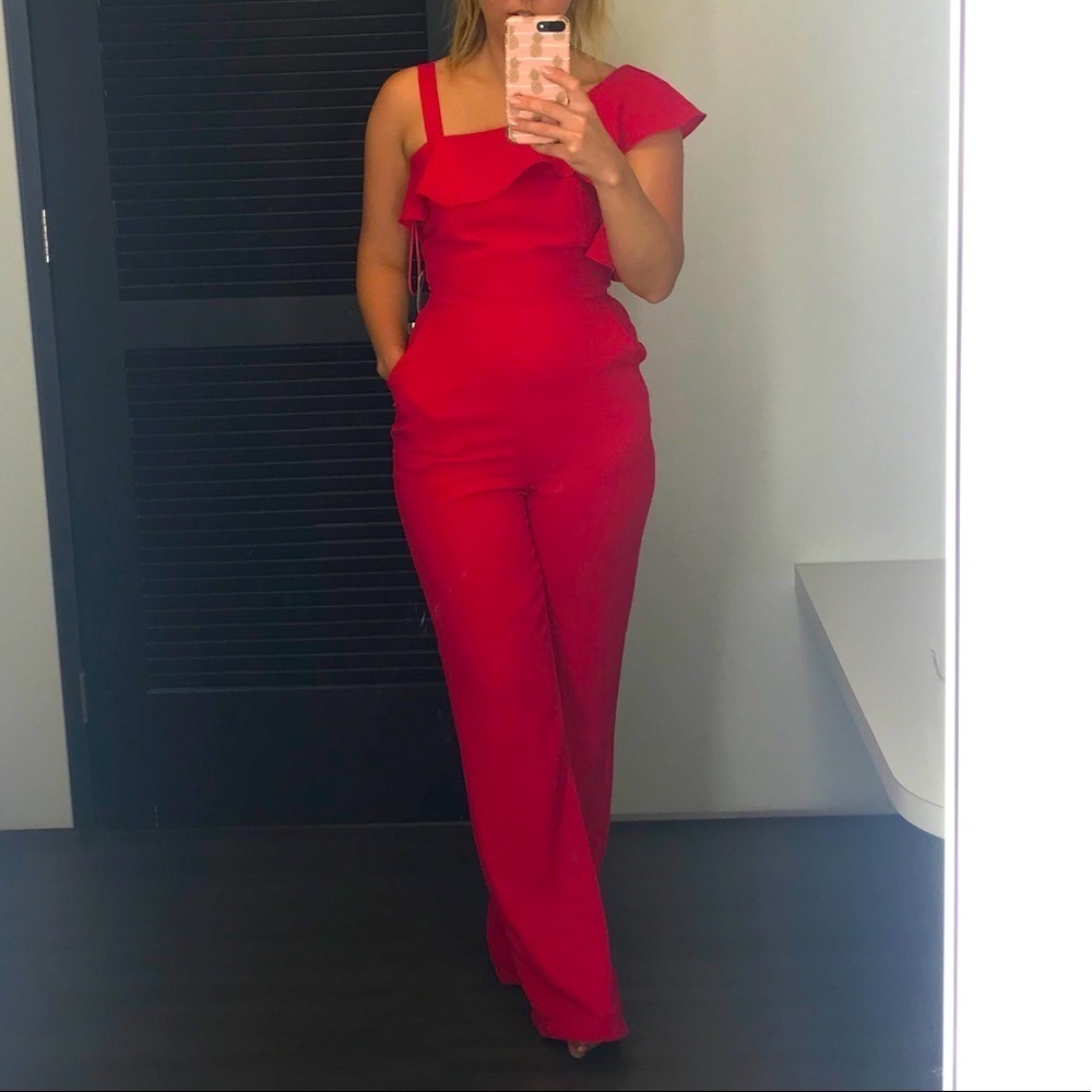 Like New! Asymmetrical Ruffle Wide Leg Double-Lined Jumper - Hot Barbie Pink
